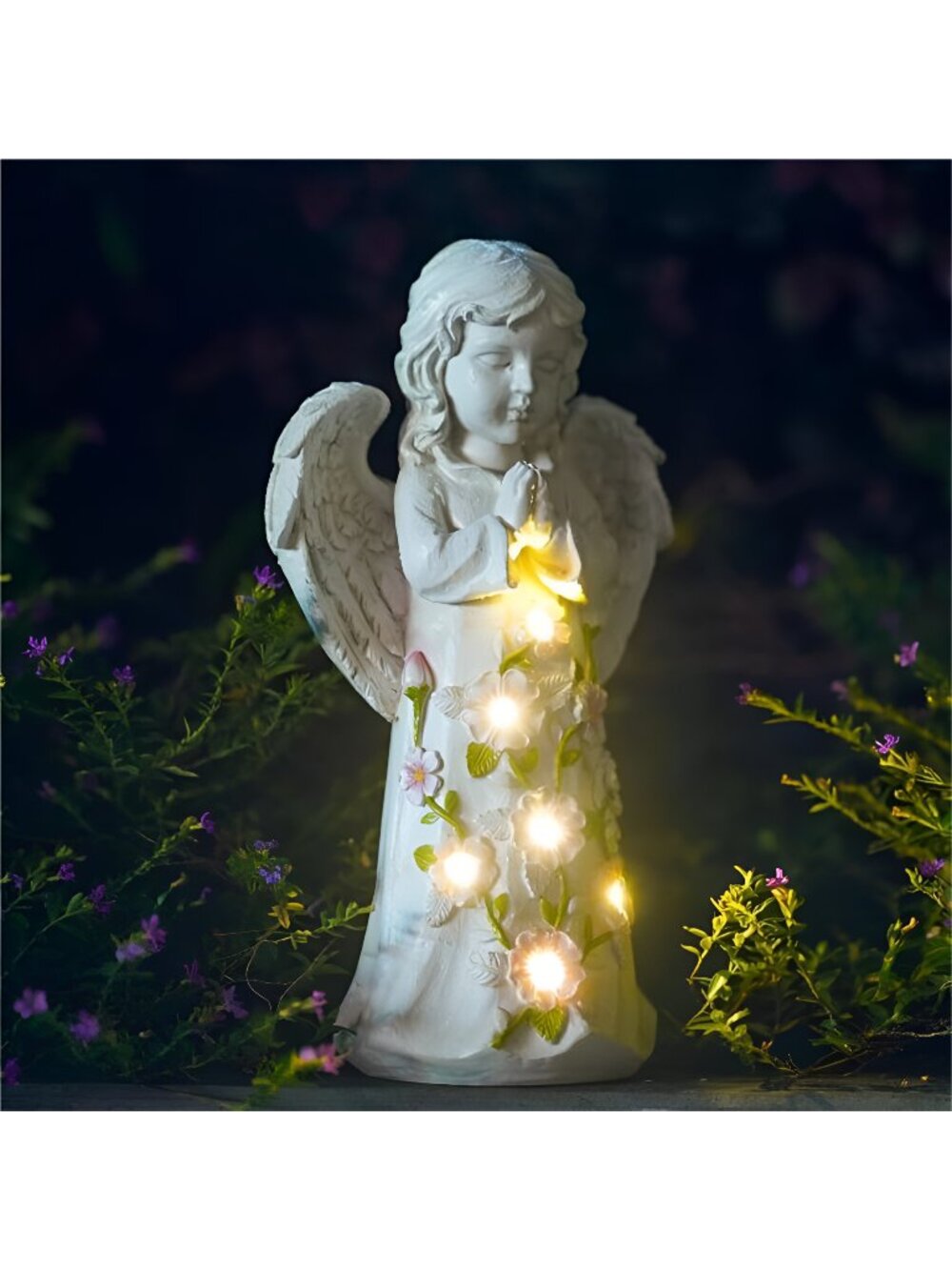 Garden Outdoor Statues Angel with Succulent and 7 LED Lights – Lawn Decor